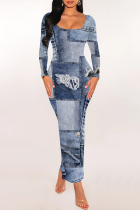 Baby Blue Casual Street Faux Denim Print Contrast U Neck Printed Dresses