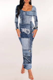 Baby Blue Casual Street Faux Denim Print Contrast U Neck Printed Dresses