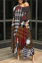 Brown Casual Street Plaid Geometric Print Pocket Irregular Contrast O Neck Printed Dresses