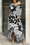 Black And White Casual Street Plaid Geometric Print Pocket Irregular Contrast O Neck Printed Dresses
