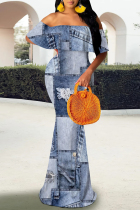Baby Blue Sexy Street Faux Denim Print Contrast Off Shoulder Fishtail Dresses