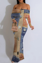 Multicolor Sexy Street Faux Denim Print Contrast Off Shoulder Fishtail Dresses