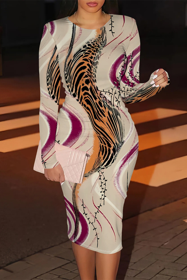 Beige Casual Street Geometric Print Contrast O Neck Printed Dresses
