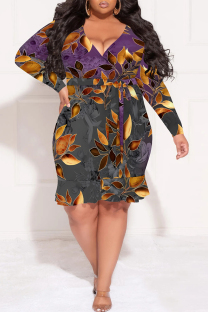 Gray Purple Casual Geometric Print Flowers Lace Up Contrast V Neck Printed Plus Size Dresses