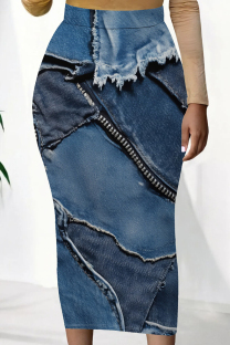 Dark Blue Sexy Print Patchwork Skinny Mid Waist Full Print Bottoms