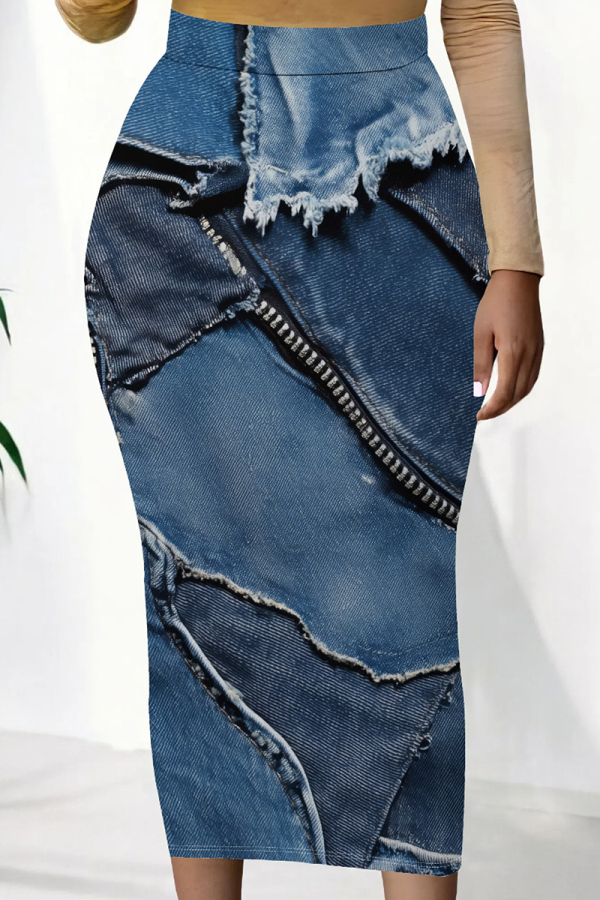 Dark Blue Sexy Print Patchwork Skinny Mid Waist Full Print Bottoms