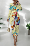 Blue Pink Street Elegant Geometric Print Flowers Contrast O Neck Printed Dresses