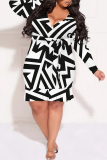 Gray Purple Casual Geometric Print Flowers Lace Up Contrast V Neck Printed Plus Size Dresses