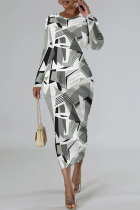 Grey Street Elegant Geometric Print Flowers Contrast O Neck Printed Dresses