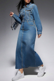 Blue Street Solid Color Pocket Buckle Patchwork Turndown Collar Long Sleeve Straight Denim Dresses