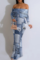 Baby Blue Sexy Street Faux Denim Print Contrast Off Shoulder Fishtail Dresses