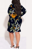 Black Sexy Plaid Floral Print Lace Up Contrast V Neck Printed Plus Size Dresses