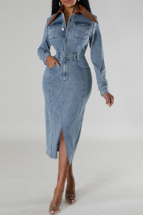Light Blue Street Pocket Buckle Patchwork Slit Turndown Collar Long Sleeve Regular Denim Dresses
