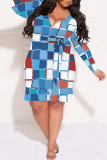 Black Sexy Plaid Floral Print Lace Up Contrast V Neck Printed Plus Size Dresses