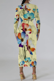 Blue Pink Street Elegant Geometric Print Flowers Contrast O Neck Printed Dresses