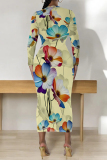 Blue Pink Street Elegant Geometric Print Flowers Contrast O Neck Printed Dresses