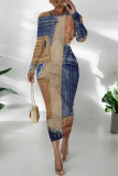 Blue Coffee Casual Street Faux Denim Print Contrast O Neck Printed Dresses