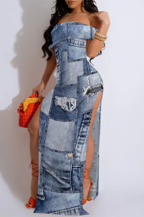 Baby Blue Sexy Faux Denim Print Slit Contrast Off Shoulder Printed Dresses