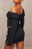 Black Casual Solid Color Buttons Off Shoulder Long Sleeve Two Pieces