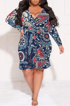 Deep Blue Sexy Plaid Floral Print Lace Up Contrast V Neck Printed Plus Size Dresses