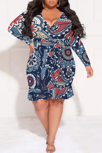 Deep Blue Sexy Plaid Floral Print Lace Up Contrast V Neck Printed Plus Size Dresses