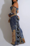 Multicolor Sexy Street Faux Denim Print Contrast Off Shoulder Fishtail Dresses