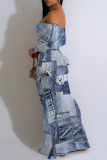 Multicolor Sexy Street Faux Denim Print Contrast Off Shoulder Fishtail Dresses