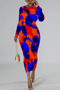 Red Blue Street Elegant Geometric Print Flowers Contrast O Neck Printed Dresses