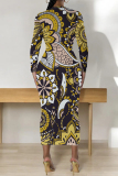 Yellow Casual Street Elegant National Totem Print Contrast O Neck Printed Dresses