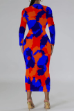 Blue Pink Street Elegant Geometric Print Flowers Contrast O Neck Printed Dresses