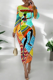 Yellow Casual Street Elegant National Totem Print Contrast O Neck Printed Dresses
