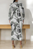 Blue Pink Street Elegant Geometric Print Flowers Contrast O Neck Printed Dresses