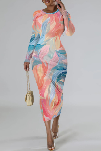 Blue Pink Street Elegant Geometric Print Flowers Contrast O Neck Printed Dresses