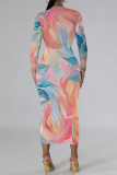 Blue Pink Street Elegant Geometric Print Flowers Contrast O Neck Printed Dresses