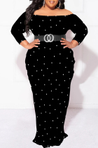 Black Sexy Geometric Print Polka Dot Leopard Contrast Off Shoulder Printed Plus Size Dresses(No Belt)