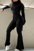 Black Casual Solid Color Draw String Patchwork Ruched Turtleneck Long Sleeve Two Pieces