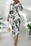 Blue Pink Street Elegant Geometric Print Flowers Contrast O Neck Printed Dresses