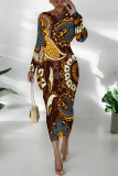 Yellow Casual Street Elegant National Totem Print Contrast O Neck Printed Dresses