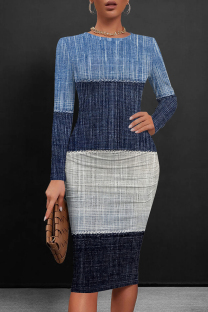 Multicolor Casual Patchwork O Neck Wrapped Skirt Dresses