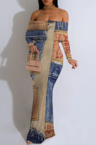 Blue Coffee Sexy Street Faux Denim Print Contrast Off Shoulder Fishtail Dresses