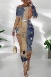 Blue Coffee Casual Street Faux Denim Print Contrast O Neck Printed Dresses