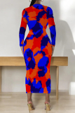 Blue Pink Street Elegant Geometric Print Flowers Contrast O Neck Printed Dresses