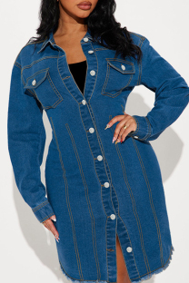 Blue Street Solid Color Pocket Buckle Patchwork Turndown Collar Long Sleeve Straight Denim Dresses