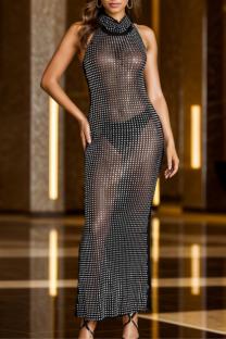 Black Sexy Hot Drilling See-Through Half A Turtleneck Long Dresses