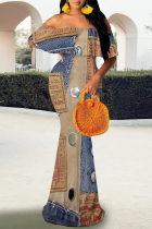 Multicolor Sexy Street Faux Denim Print Contrast Off Shoulder Fishtail Dresses