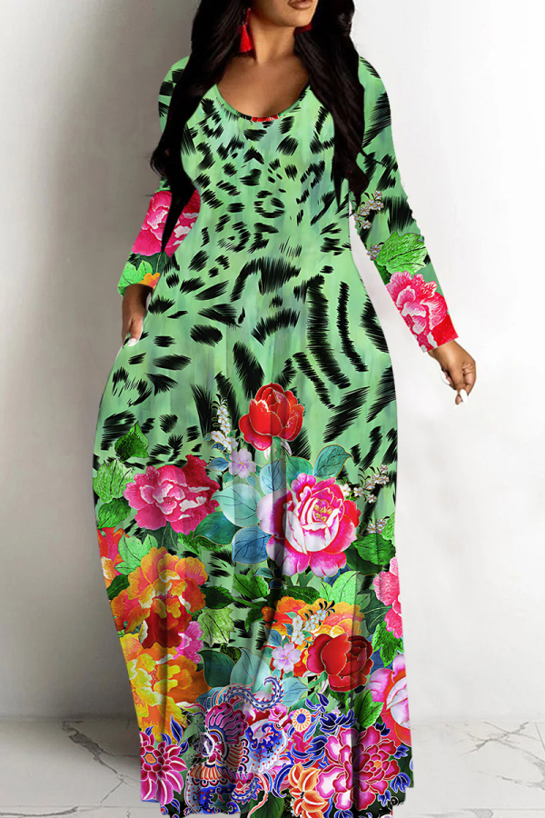 Green Casual Print Basic V Neck Long Dresses