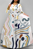 White Elegant Geometric Print Flowers Lace Up Contrast O Neck Printed Dresses