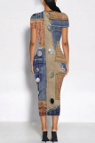 Blue Coffee Casual Street Faux Denim Print Contrast O Neck Printed Short Sleeve Dress