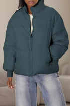 Blue Casual Solid Color Pocket Patchwork Zipper Zipper Collar Outerwear