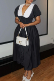 Black Elegant Patchwork Contrast V Neck Long Dresses